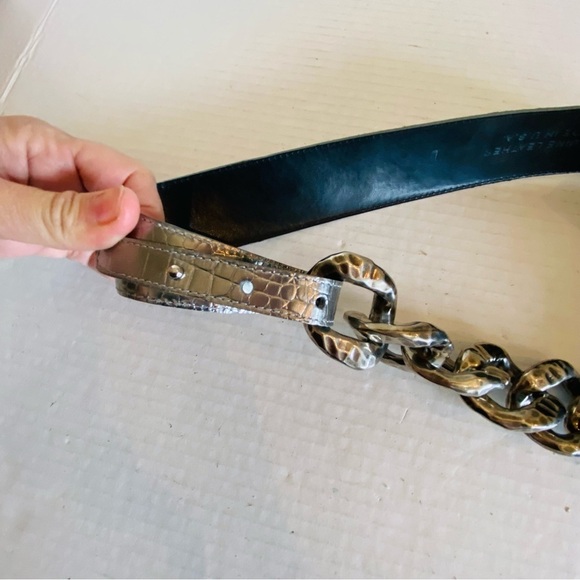 Vintage Sandy Duftler Genuine Leather Silver Gunmetal Metallic Belt L - Picture 4 of 16